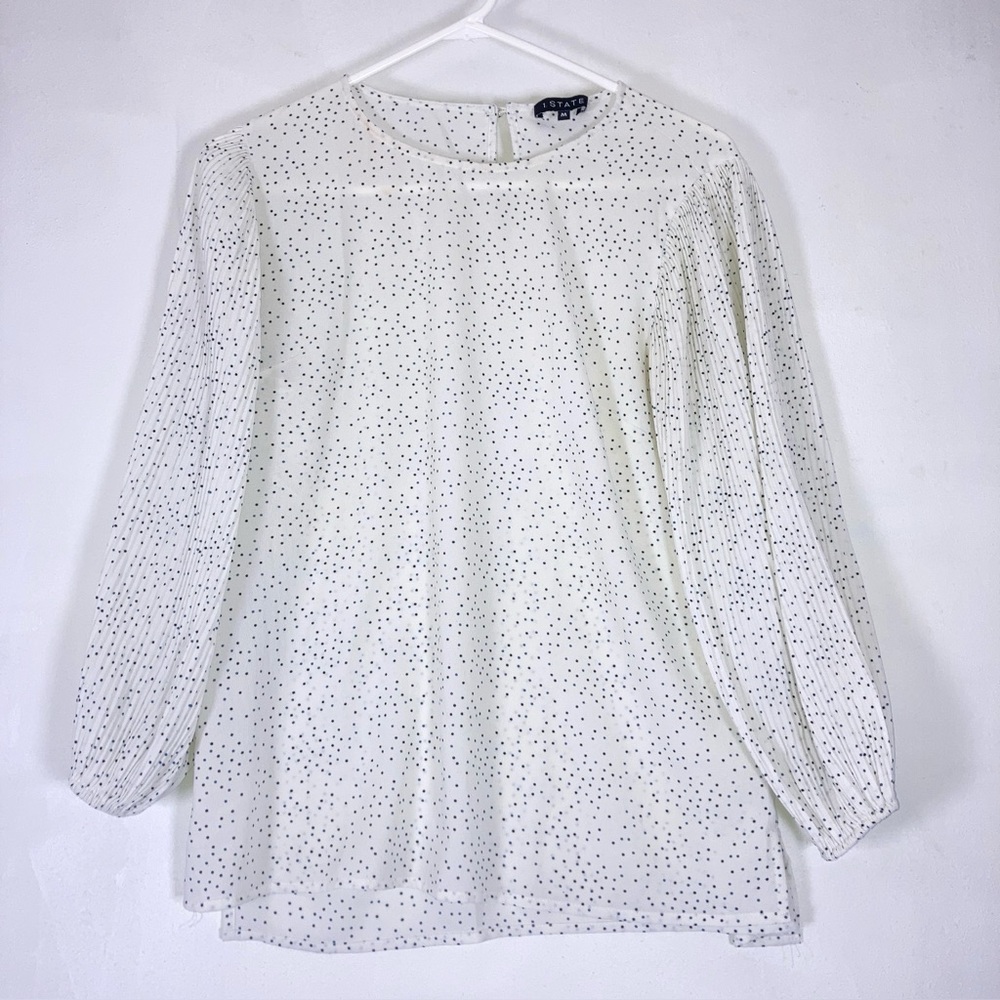 1.State Polka Dot Blouse Balloon Sleeve Round Neck Sz M White Women's - Picture 13 of 16